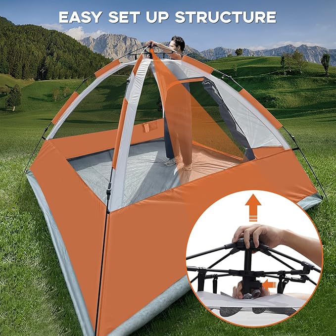EZ-Sport Pop Up Camping Tent - 4 Person Instant Easy Set Up Family Tent with Removable Rain Fly, Waterproof Windproof Automatic Tent for Outdoor Camping Hiking Backpacking Traveling