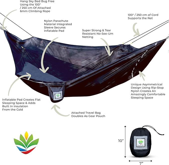 Hammock Bliss Sky Bed Bug Free - Insect Free Hanging Tent That Hangs Like A Hammock But Sleeps Like A Bed - Unique Asymmetrical Design Creates An Amazing Lay Flat Camping Hammock Sleeping Experience