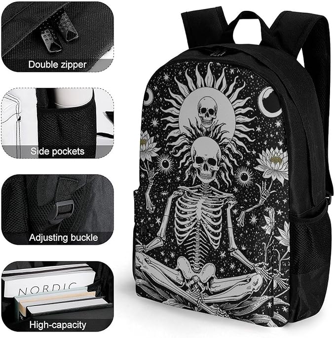 Supdreamc Adults Lightweight Seven Star Meditation Skeleton Skull Black Shoulder Book Bags Big Capacity Shoulder Bag With Adjustable Shoulder Straps for Trekking Work Walking Cycling