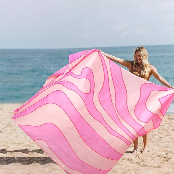 Pink Beach Blanket Waterproof Sandproof, Outdoor Beach Mat Sand Free with 4 Stakes & 4 Pockets, 9 Ft X 10 Ft Oversized Lightweight Compact Polyester Beach Essentials for Picnic, Camping, Sun Shade