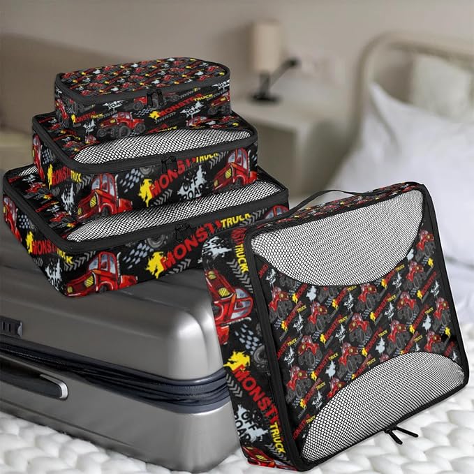 Monster Truck Red Compression Packing Cubes for Travel,Expandable Cubes Storage Bag Carry on Luggage Organizers for Toiletry Clothes Shoe Accessories 4 Set