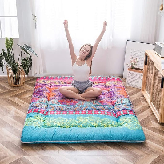 MAXYOYO Bohemian Futon Floor Mattress Boho Floral Style Japanese Tatami Mat Foldable Bed Portable Camping Sleeping Pad Lounger Couch Bed, Queen