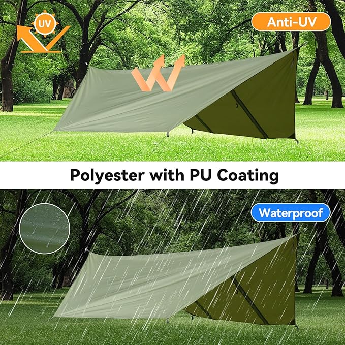 Hammock Rain Fly Tent Tarp Large Ultralight Camping Tarps Waterproof Portable Backpacking Multifunctional Rain Cover for Outdoor Hiking, Picnic, Hammock, Car, Backpacking,11.5x9.5ft