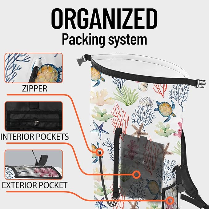 Waterproof Dry Bag Marine Dry Bags for Kayaking Hiking Sea Turtle Coral Nautical Starfish Backpack Roll-Top Closure Bag - Backpack Waterproof Phone Case 5L