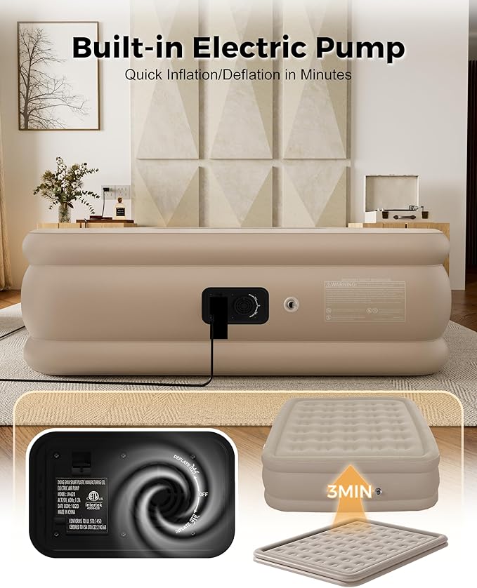 Full Air Mattress with Built in Pump, Single Blpw up Air Bed with Portable Storage Bag, Suitable for Home and Guests, Top Flocking, 18" Full Khaki