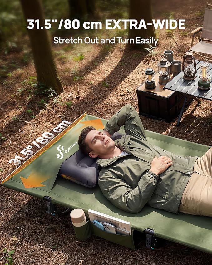 Sportneer Camping Cot, 31.5'' Extra Wide Army Green Compact Folding Cot with Side Pocket & Carry Bag, Lightweight Portable Outdoor Bed for Adults, Camping, Home, Travel