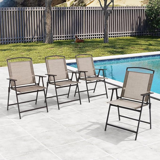 Crestlive Products Set of 4 Patio Folding Chairs 4-Pack Dining Chairs Outdoor Portable Sling with Armrest for Camping, Beach, Garden, Pool, Backyard, Deck (Beige)