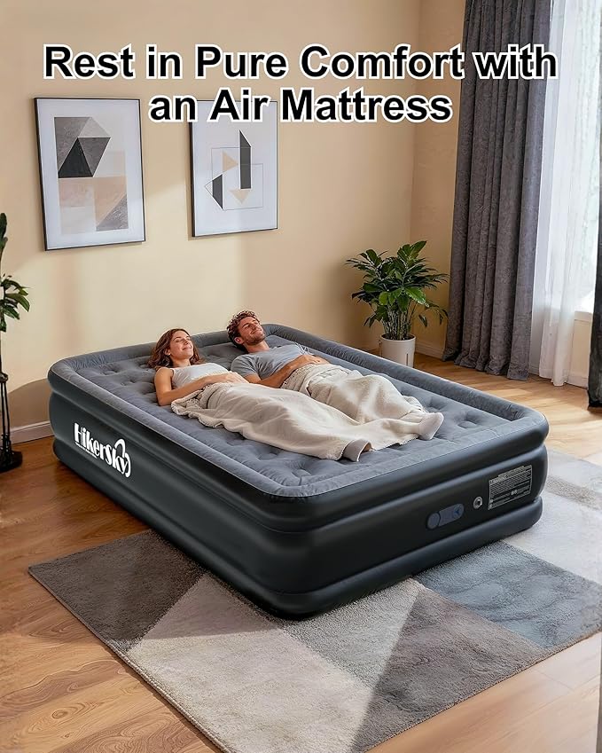 Full Air Mattress with Built in Pump, Inflatable Mattress for Home, Blow up Air Bed 3 Min Quick Inflation and Deflation, Thin Velvet Top, 18'' Full Size Gray