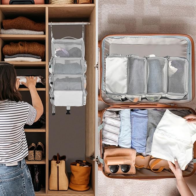 Surblue Travel Hanging Packing Cubes with 2 Hooks Hanging Shelves for Luggage Organizers Portable Compression 4 Shelf Closet Carry-on Suitcases Organizers, Small, Lightgrey