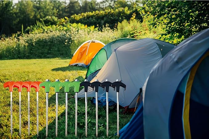 8" Screw in Tent Stakes - Ground Anchors Screw, 2024 New Screw in Tent Stakes Heavy Duty, Metal Threaded Tent Spikes, Tent Pegs Camping Stakes, Tent Stakes for Outdoor Camping (4, Red)