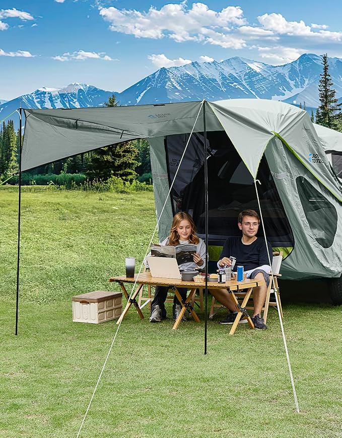 JOYTUTUS SUV Tailgate Tent with Three Sides Awning and Poles, Water Resistant SUV Camping Tent with Car Roof Cover, Tent Attaches to Car Truck, Universal Fit Most SUVs, Cars, Grey Green, Large