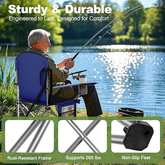 Folding Camping Chairs Durable 600D Oxford, Portable Outdoor Chair with Cooler Pouch, Cup Holder & Storage Pocket for Camping, Beach, Fishing