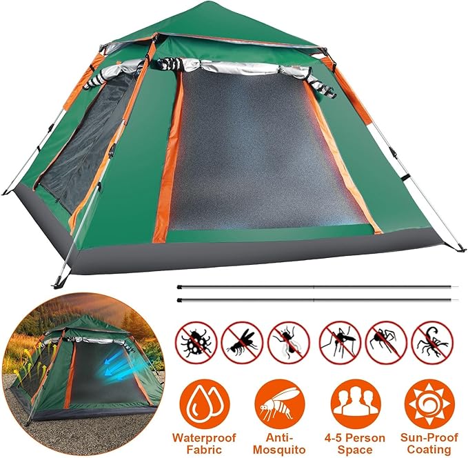4-6 Person Pop-Up Camping Tent, Portable Instant Setup Family Tent with 2 Windows, for Hiking, Backpacking & Outdoor Adventures, Waterproof & Windproof