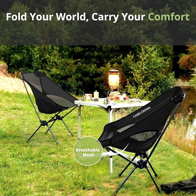 CAMEL CROWN Portable Camping Chair Lightweight Compact Folding Chair Mesh for Outdoor Camp Travel Beach Picnic Festival Hiking Backpacking Black