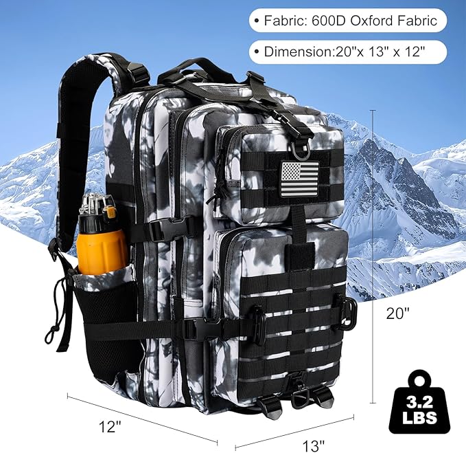 45L MOLLE Assault Pack, Tactical Backpack Military Army Camping Rucksack with Bottle Holder, 3-Day Pack Trip w/USA Flag Patch, D-Rings, White Camo