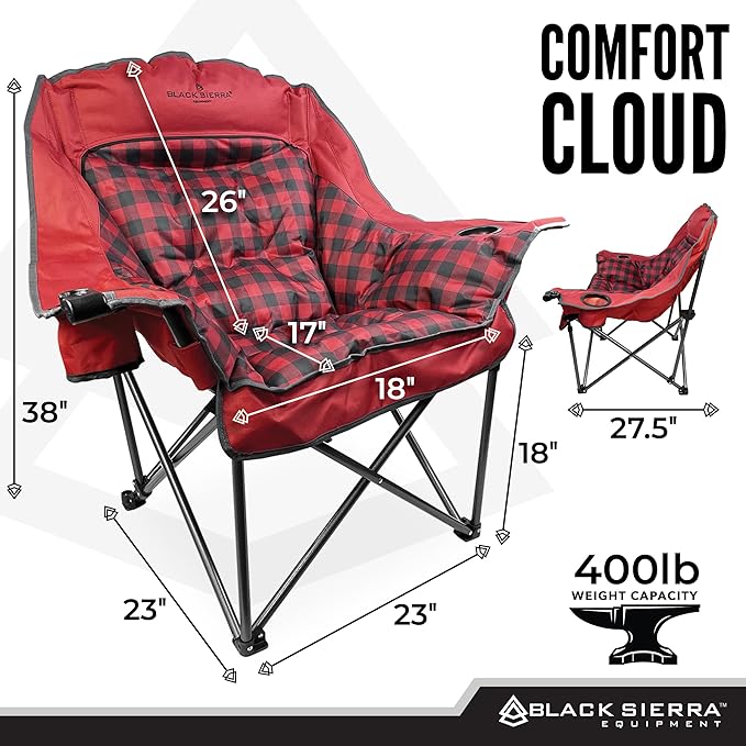 Black Sierra Plush XL Camping Chair for Adults, Oversized Outdoor Folding Chair Supports 400 lbs, Heavy Duty Padded Seat with Cup Holders and Carry Bag, Perfect for Tailgating, Sports, or Patio Use