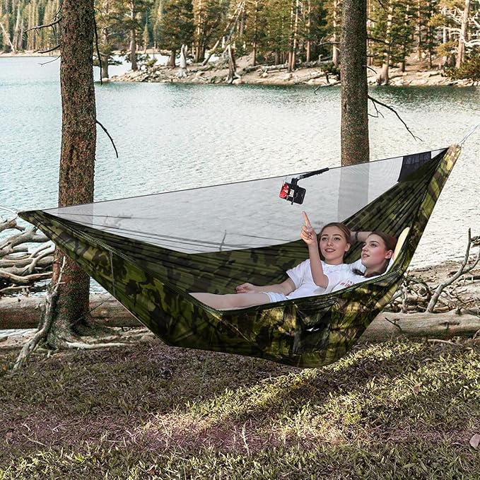 Camping Hammock with Mosquito Net and Ridge Rope, Extra Large for 2 Person, Lightweight Hanging Hammocks Tree Straps, All-in-one Fast Open Hammock for Outside, Hiking, and Travel