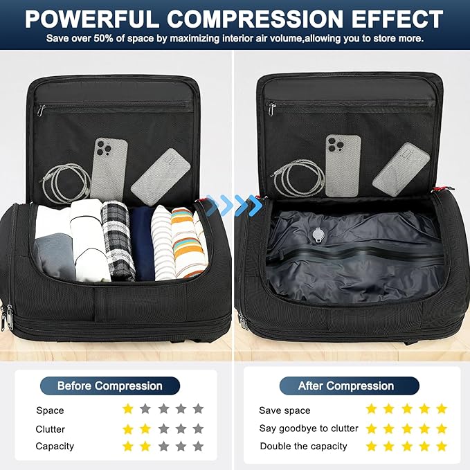 POSO P Vacuum Backpack Travel, Expandable Vacuum Seal Compression Backpack with Pump, Laptop Compartment, Water-Resistant Business Carry-On Backpack Valentine's Day Gifts for Men Travel Weekend