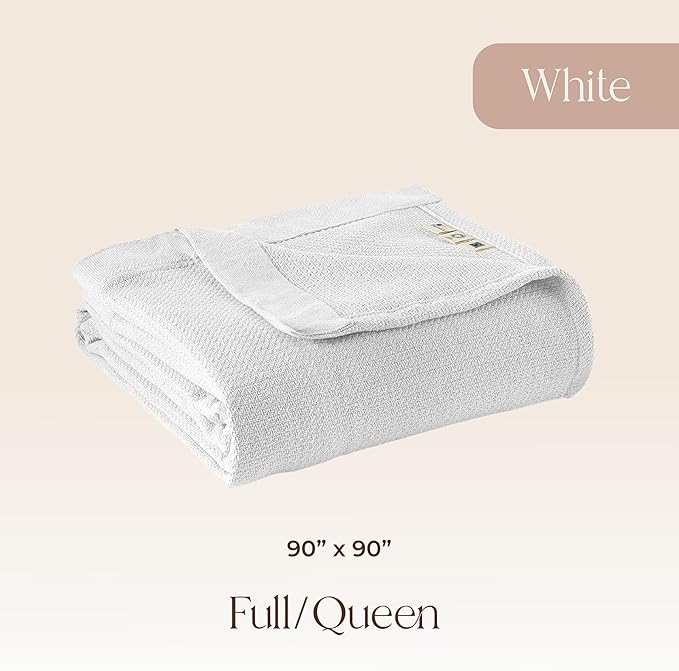 100% Organic Cotton Blanket - GOTS & Fairtrade Certified Organic Cotton Throw Blanket for Bed with Soft Warm & Breathable Single Knit Weave - Great as Bedspread or Coverlet (White, Full/Queen)