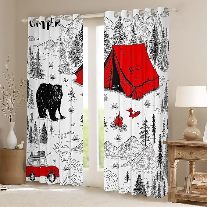 Feelyou Camper Camping Blackout Curtains Rustic Farmhouse Animal Bear Darkening Drapes for Bedroom Living Room Decor Camping Thermal Insulated Shades Window Treatments, 2 Panels 52 x 84 Inch