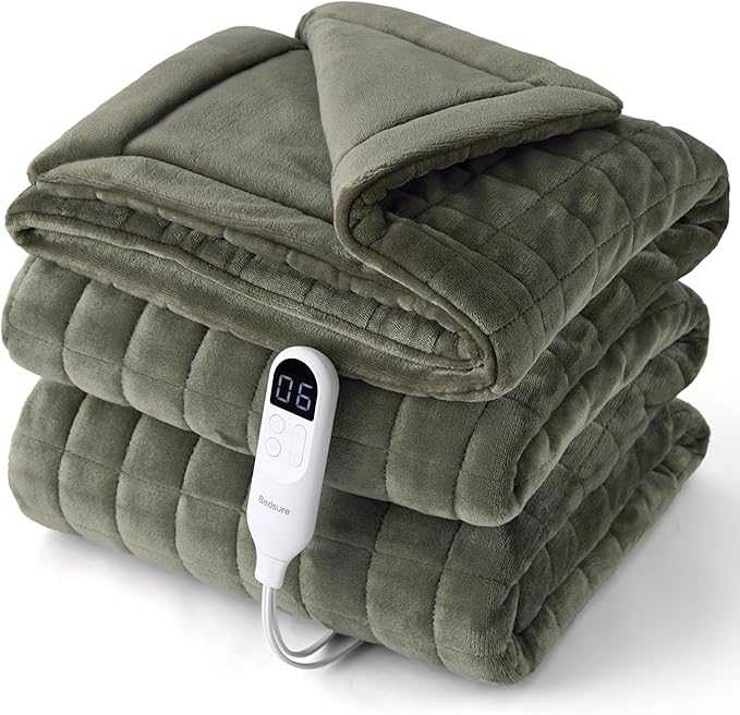 Bedsure Electric Blanket Twin - Quilted Heated Blanket Twin Size, Soft Flannel Thick Heating Blanket with 10 Time Settings & 6 Heat Settings, Warm Gifts for Women Men (62x84 inches, Olive Green)