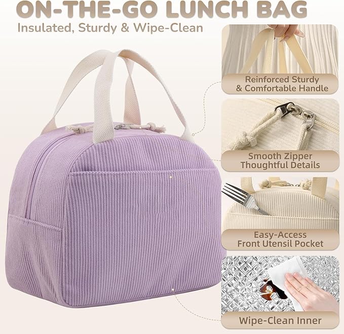 Lunch Bag for Women Men Cute Corduroy Lunch Tote Bags Reusable Insulated Lunch Box Large Capacity Reusable Insulated Cooler for Work/Picnic/Travel (Corduroy Purple)