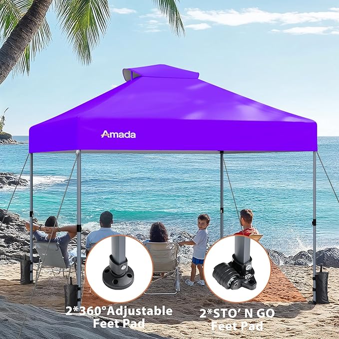 Amada 10x10 Pop Up Canopy - Center Lock One Push Instant Setup Gazebo Outdoor Canopy Beach Tent with STO-N-Go Bag 8 Stakes & 4 Sand Bags, 3-Height Adjustable Shade Shelter (10x10ft, Purple)