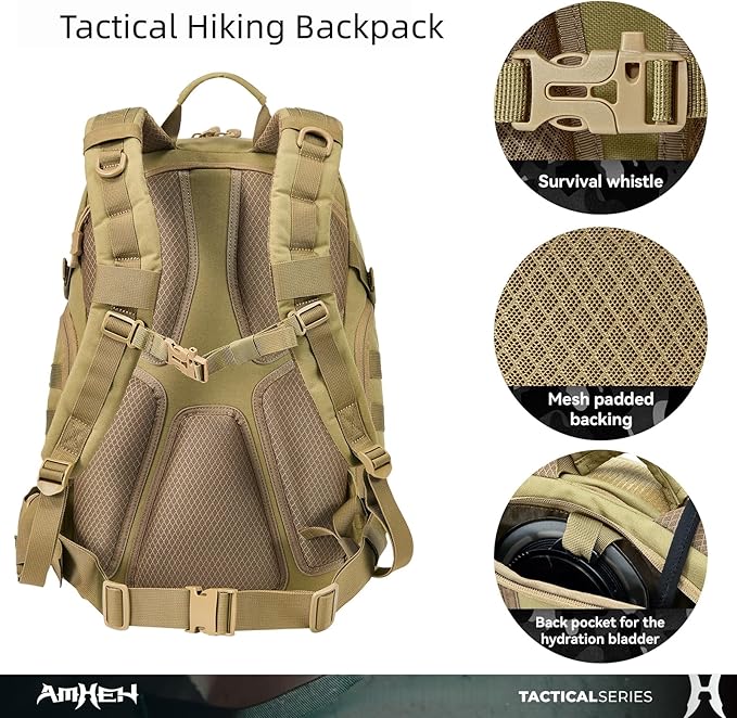 32L Tactical Backpack - MOLLE Everyday Carry with Suspended 17" Laptop Compartment for Work, Travel and Emergency (Tan)