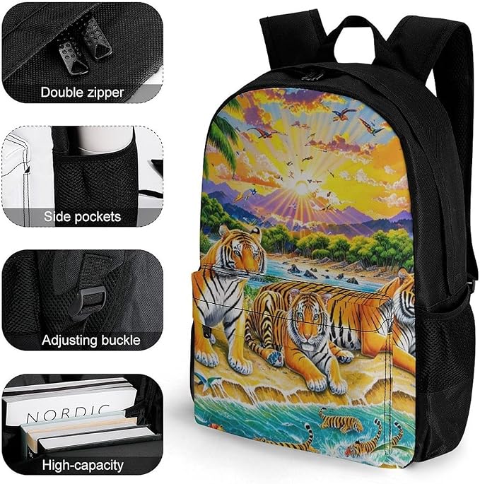 Daypack Backpack Polyester Multipurpose Anti-Theft King Of The Tiger Tropical Rainforest Landscape Jungle Parrot Birds Shoulder Bag Big Capacity Gym Outdoor Hiking Backpack With Smooth Zippers