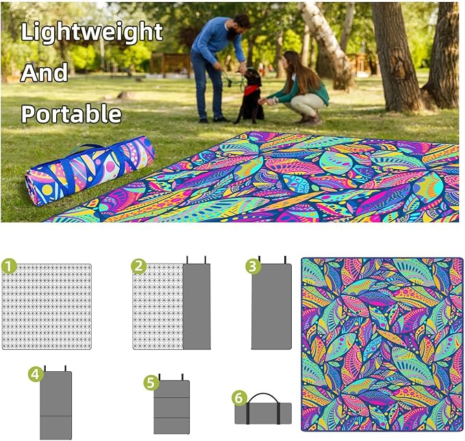 Waterproof Picnic Blankets Foldable & Portable 80''x80'' Boho Picnic Mat for Outdoors, Large Washable Picnic Blanket for Travel Camping Beach, Park Grass Picnic Blanket Accessories for Adults