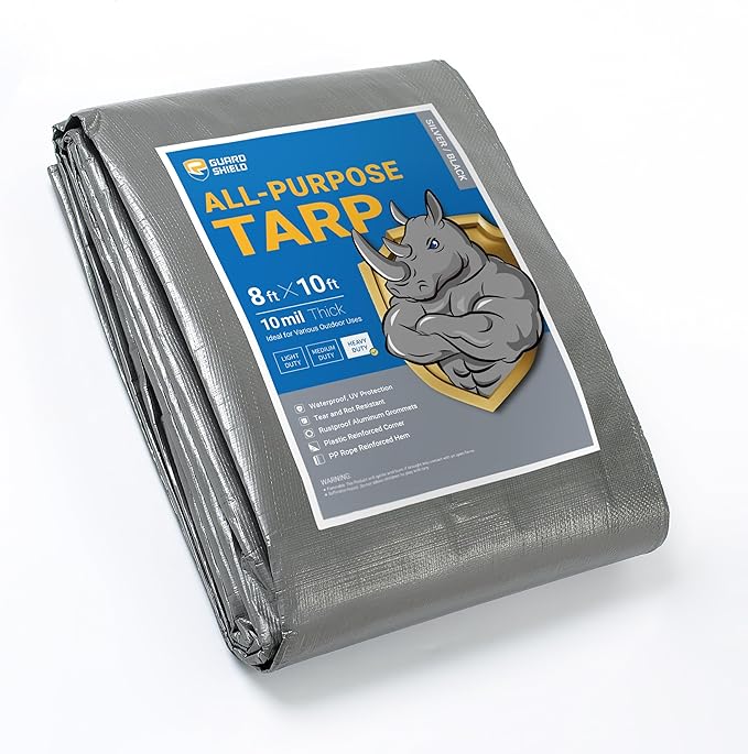 GUARD SHIELD Heavy Duty Tarp 8x10 Feet Silver/Black Multi Purpose Thick Waterproof Poly Tarp Cover 10mil