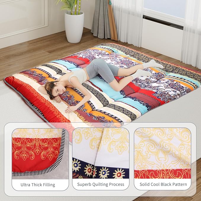 Japanese Floor Mattress,Roll Up Memory Foam Tatami Mat Easy to Store and Portable,Futon Mattress Suitable for Camping and Guest Room (Bohemia, Full (80" X 47"))