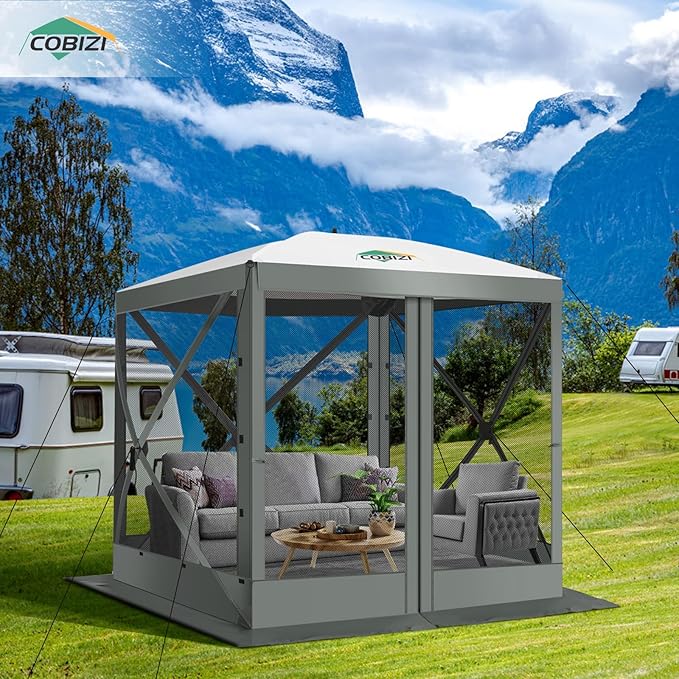 COBIZI 6x6FT Pop Up Gazebo Screen Tent Screen House for Camping, Screen Room with Mosquito Netting, Hub Tent Instant Screened Canopy with Carrying Bag and Ground Stakes, Gray