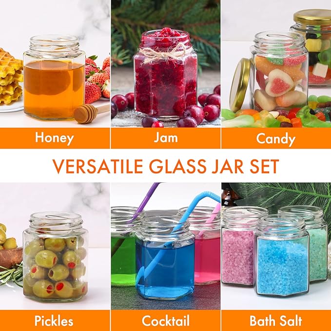 AuroTrends 6oz Glass Small Jars with Lids 30Pack, Honey Jars in Bulk for Baby Shower Favors/Wedding Favors -Small Canning Jars with Wooden Dippers/Bee Charms/Stickers/Jute Twine (6fl.oz-30Pack)