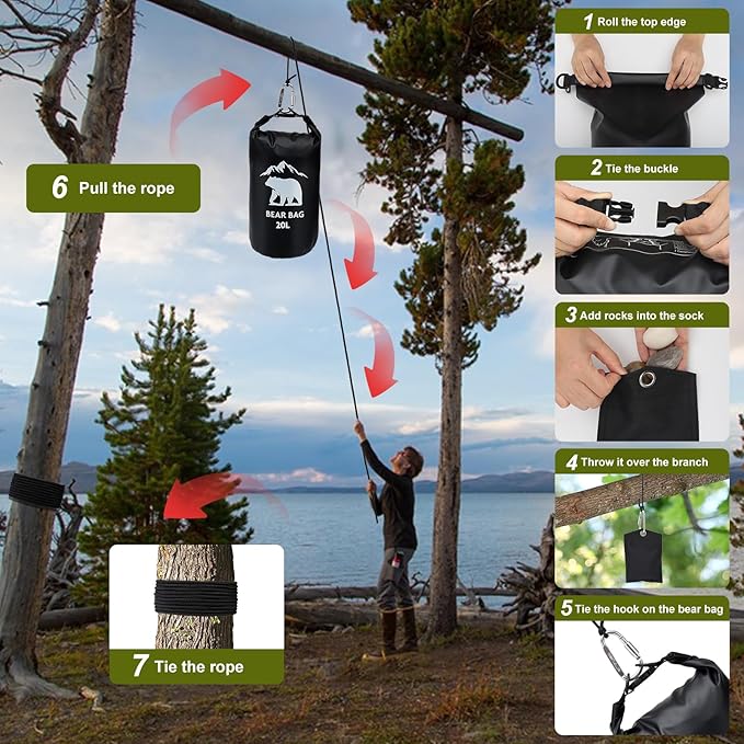 1 Set Bear Bags for Food Backpacking 20L Bear Food Bag Hanging System Bear Proof Food Storage Includes Waterproof Bear Bag, Rock Pouch, Hooks and Nylon Ropes for Camping Hiking (20L, Black)