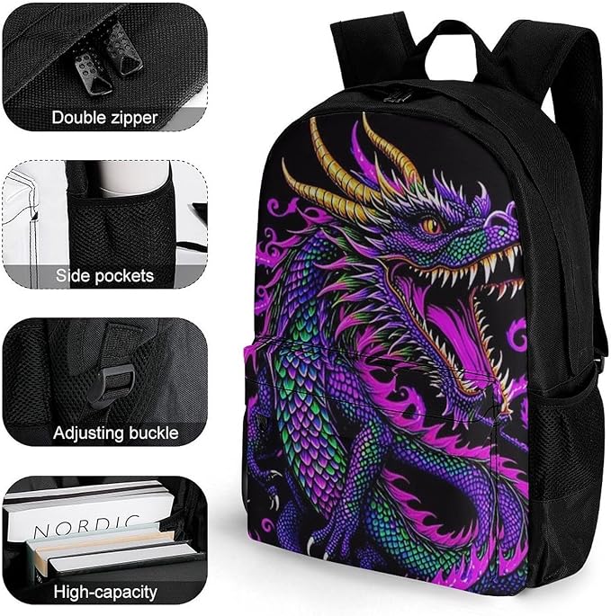 Men Women Lightweight Burning Flaming Fire Chinese Dragon Art Backpack Large Capacity Bookbag With Smooth Zippers for Gym Business Running