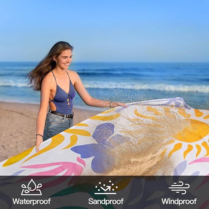 Beach Blanket Waterproof Sandproof Oversized, 110''×118'' Extra Large Beach Mat Sand Free, Lightweight Compact Foldable Picnic Blanket w/ 4 Stakes & Pockets for Camping, Travel, Beach Accessories