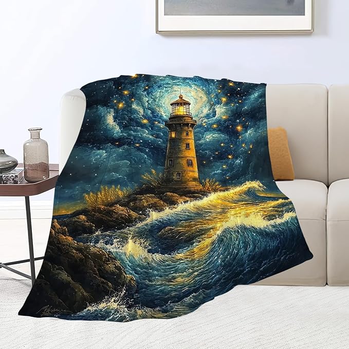 Lighthouse Blanket Coastal Lighthouse Starry Night Throw Blankets Gifts for Girls Boys Kids Soft Cozy Fleece Plush for Couch Sofa Bed 60"x50"
