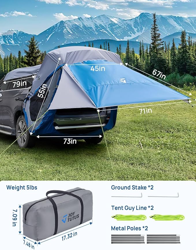 JOYTUTUS SUV Tailgate Tent with Three Sides Awning and Poles, Water Resistant SUV Camping Tent with Car Roof Cover, Car Camping Universal Fit Most SUVs, Cars, Grey Blue