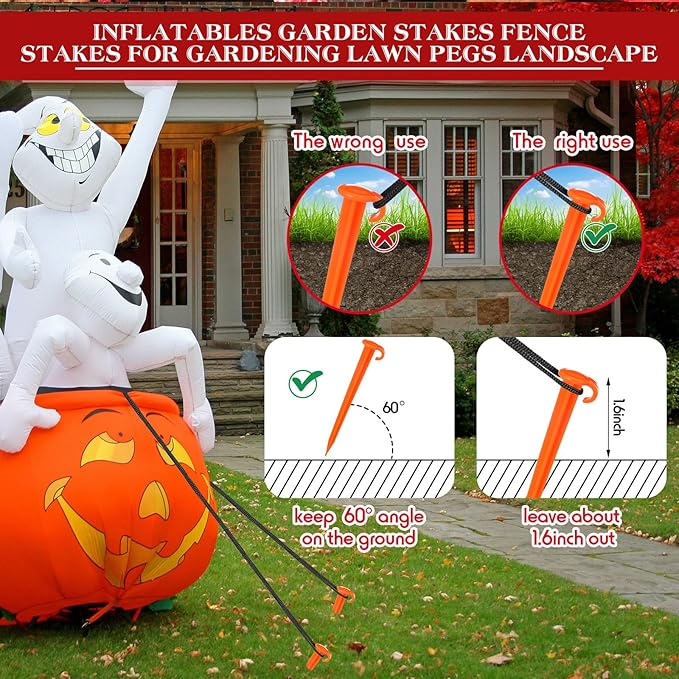 Vicenpal 24 Pcs 7 Inch Plastic Yard Stakes Inflatables Heavy Duty Plastic Garden Stakes for Tent Ground Replacement Outdoor Fence Lawn Pegs Landscape Staples Halloween Christmas Decorations (Orange)