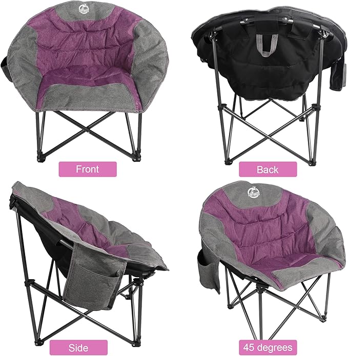 Northroad Folding Compact Camping Moon Chair, Outdoor Padded Saucer Round Chair w/Cup Holder Supports up to 300 lbs for Beach Hiking Fishing Picnic Lawn,Purple&Grey