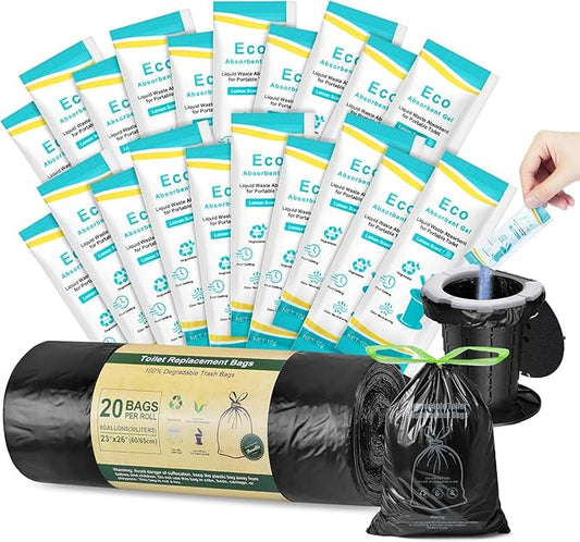 BLIKA Camping Toilet Bags Eco Absorbent Gel Set, Drawstring Portable Toilet Bags with Gel, 8 Gallon (30L) Heavy Duty 1.97 Mil, Toilet Replacement Bag with Toilet Powder for Camping Outdoor Hiking