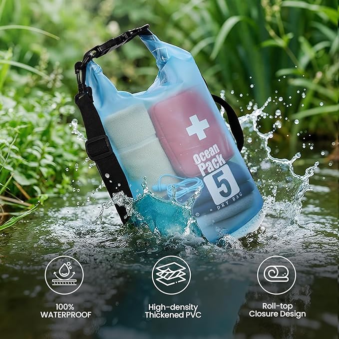 Dry Bag Waterproof for Men Women, 5L Lightweight Roll Top Dry Sack with Waterproof Phone Case and Emergency Whistle, for Kayaking Swimming Boating Paddle Board Fishing Beach Hiking Camping