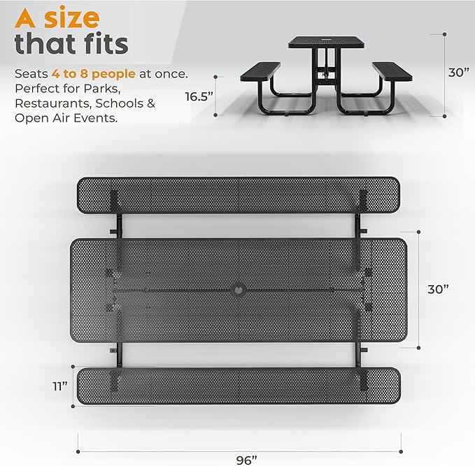 Metal Picnic Furniture for Outdoors with Umbrella Hole - Coated Steel Heavy Duty Commercial Grade Table with Adjustable Seats, Patio Set for a Lifetime (Black, 8' Rectangular, Punched Steel)