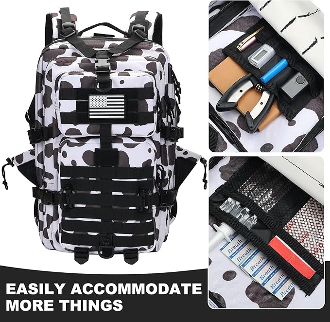 45L MOLLE Assault Backpack, Tactical Backpack Military Army Camping Rucksack with Bottle Holder, 3-Day Pack Trip w/USA Flag Patch, D-Rings, Cow Color