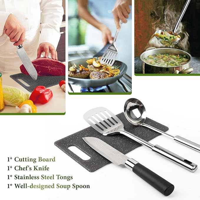 Camping Cooking Utensils Set, Stainless Steel Grill Tools, Camping BBQ Cookware Gear and Equipment for Travel Tenting RV Van Picnic Portable Kitchen Essentials Accessories