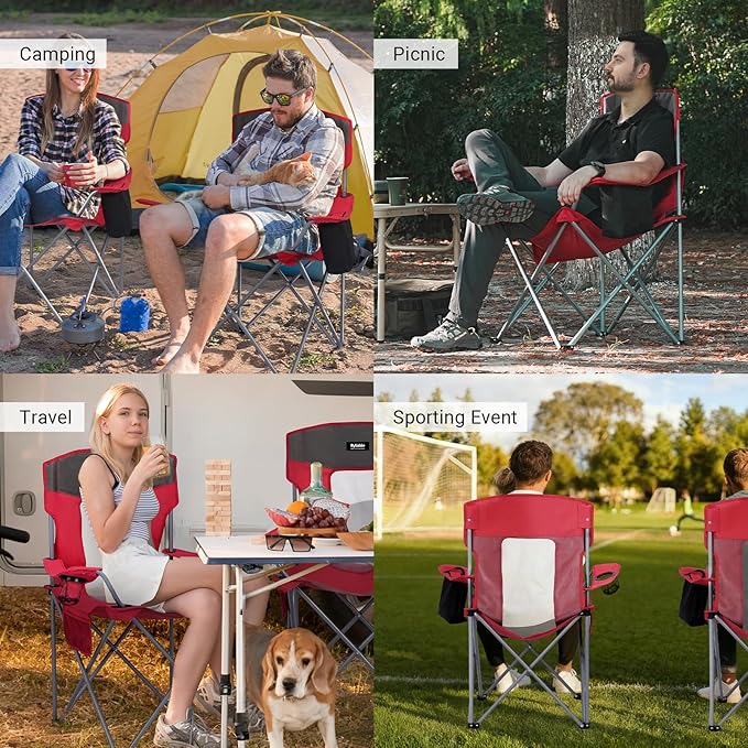 Camping Chairs Lawn Portable Foldable Camp Folding Lightweight Chair for Adults with Drink Holder and Cooler Pouch Outdoor for Camping, Lawn, Sports, Picnic, Beach, Music Festival, Red