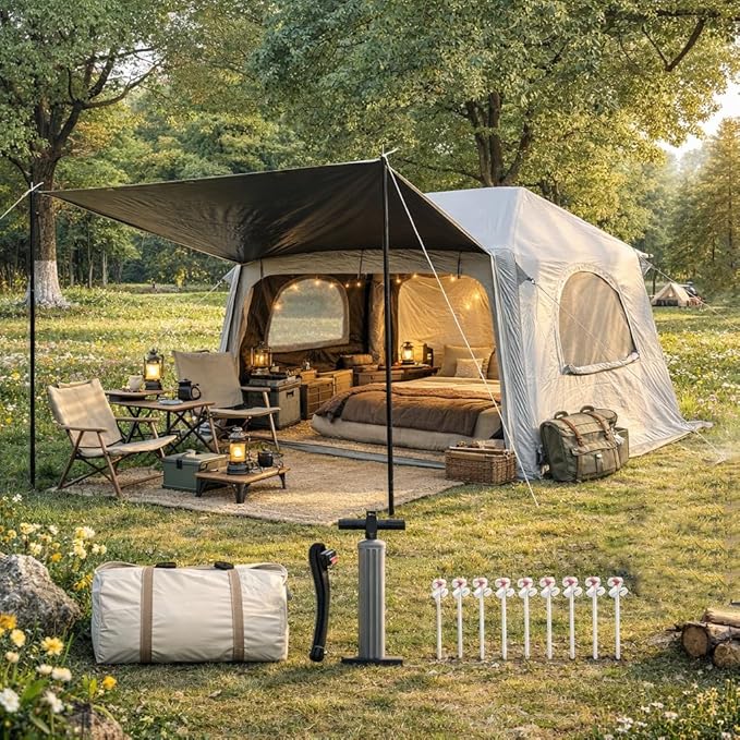 Blackout Inflatable Camping Tent with Awning, Waterproof Oxford Fabric Air Tent, Quick Setup Blow Up Tent with Hand Pump, 4 Person 4-Season Tent with 3x3M Ground Tarp for Camping Glamping