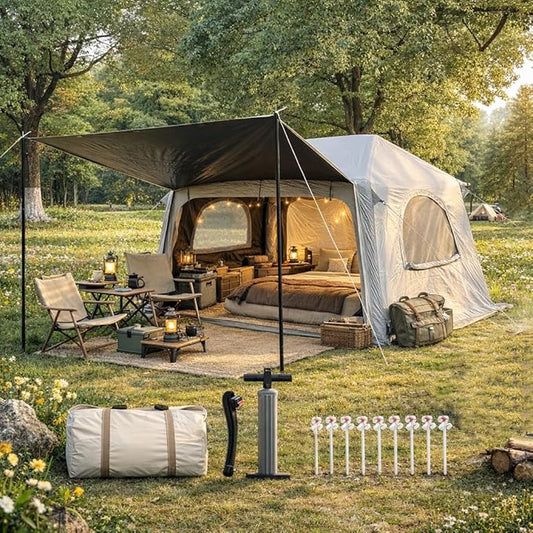 Blackout Inflatable Camping Tent with Awning, Waterproof Oxford Fabric Air Tent, Quick Setup Blow Up Tent with Hand Pump, 4 Person 4-Season Tent with 3x3M Ground Tarp for Camping Glamping