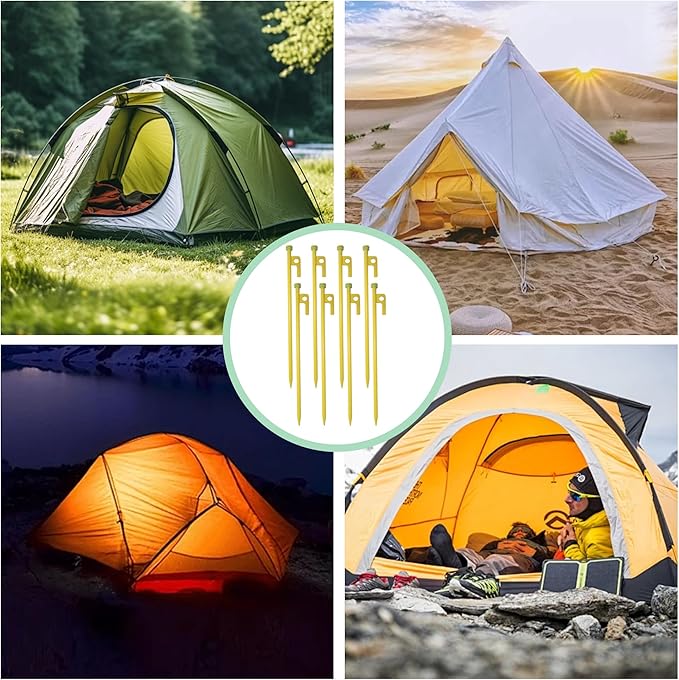 8 PCS Tent Stakes & Hammer Kit， Heavy Duty Metal Tent Pegs for Camping Steel Tent Stakes(Yellow)